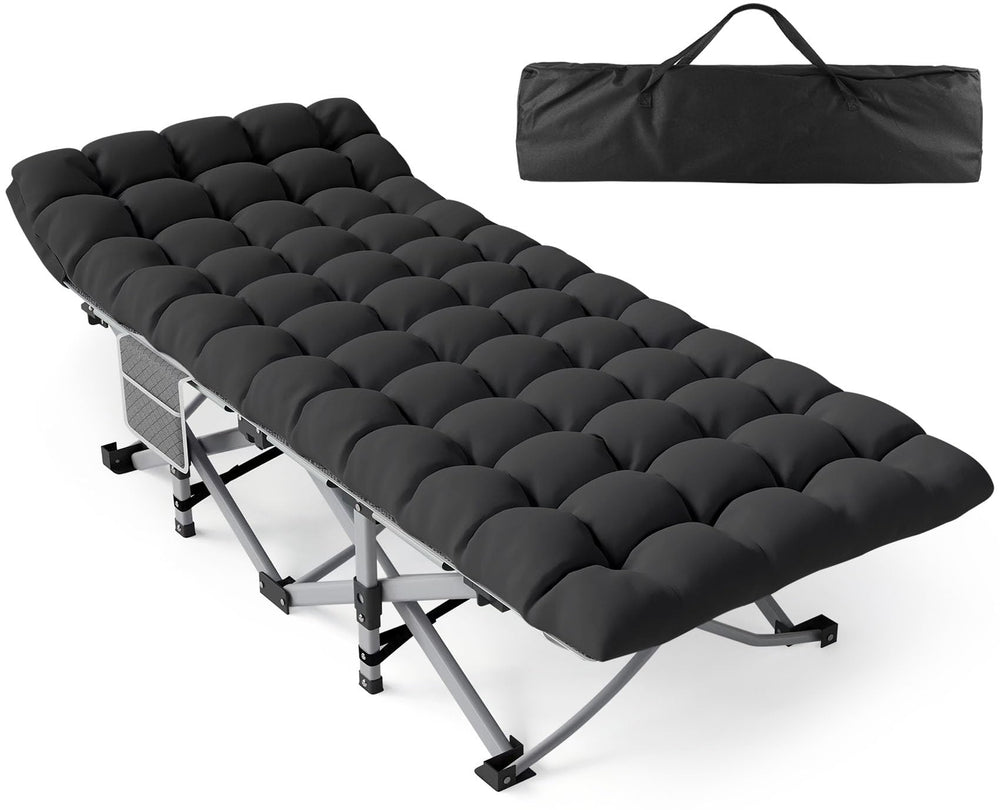 ZENPETIO camping cot folded compact for easy storage and travel.