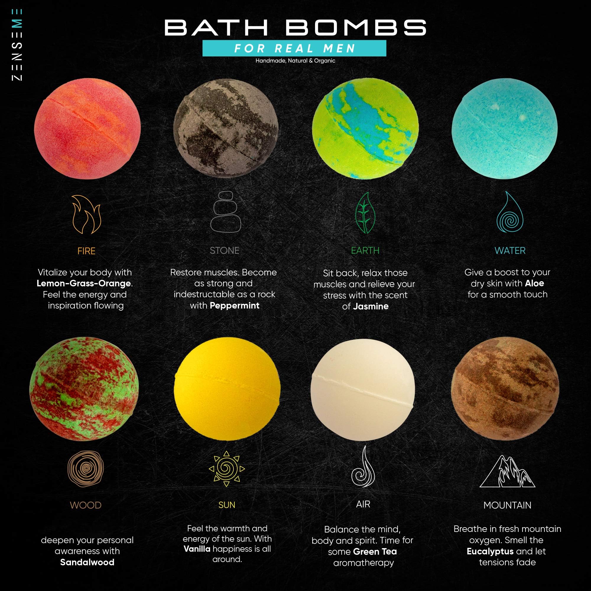 ZenseMe sandalwood bath bomb delivers earthy aroma for unwinding.