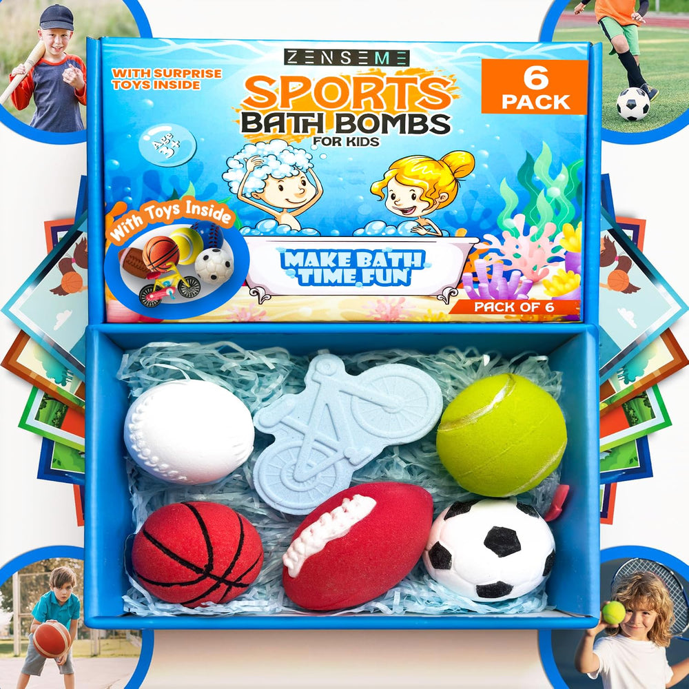 ZenseMe sports bath bombs gift set with hidden toys for active bath play.
