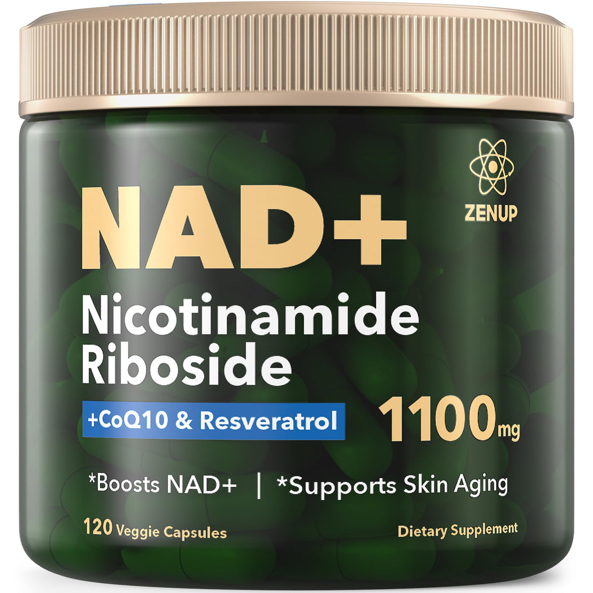 ZenUP NAD+ bottle-front shows premium NR formula for daily vitality