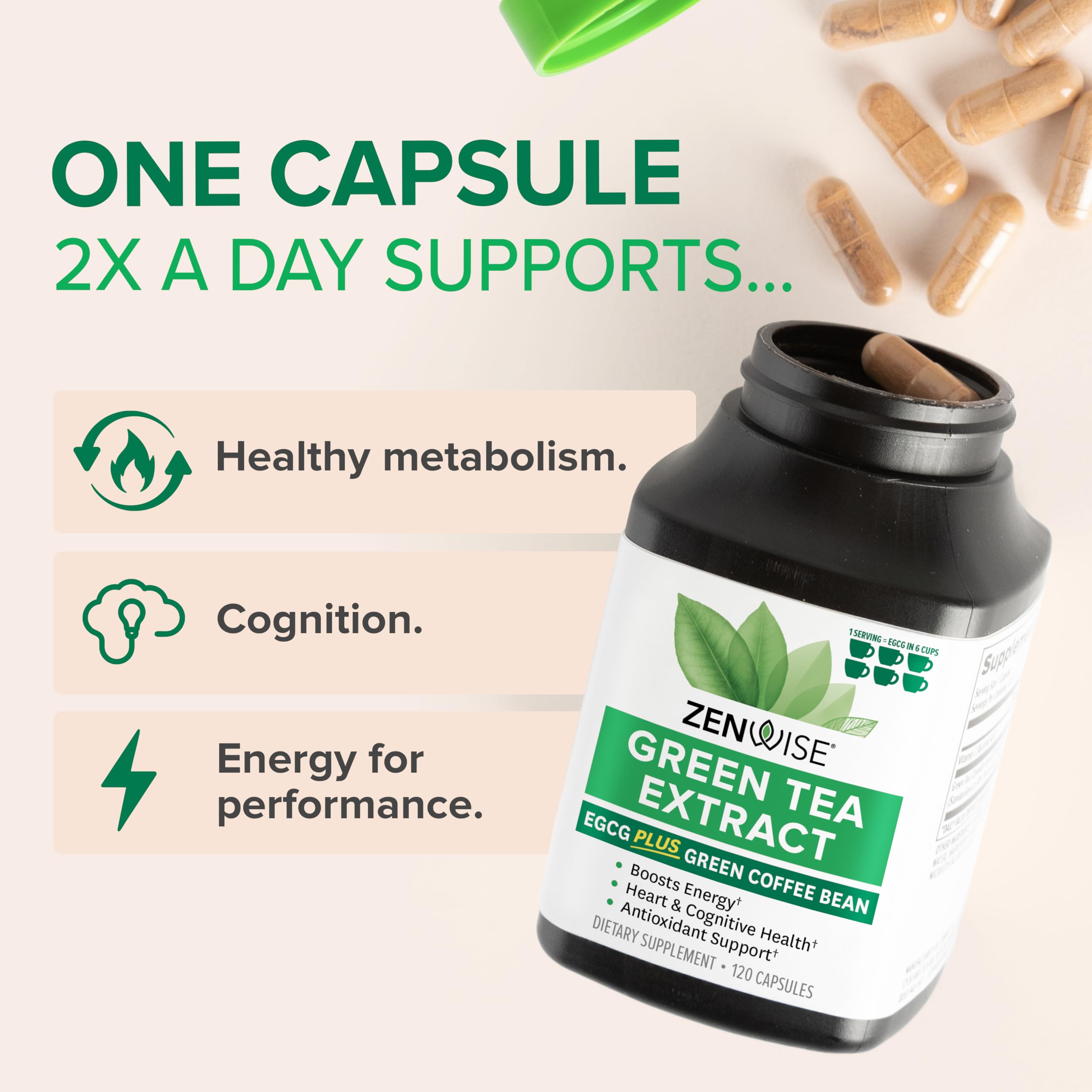 Zenwise Green Tea Extract capsules label front highlighting vegan, non-GMO status.