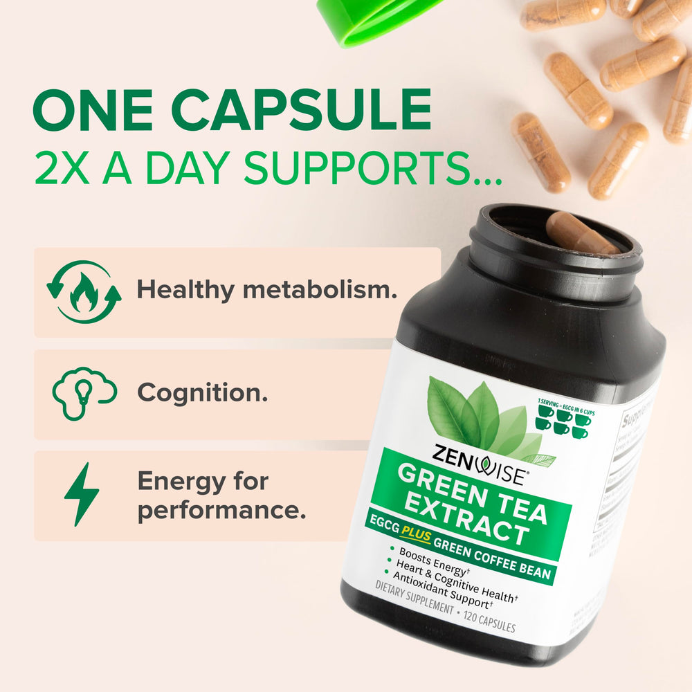 Zenwise Green Tea Extract capsules label front highlighting vegan, non-GMO status.