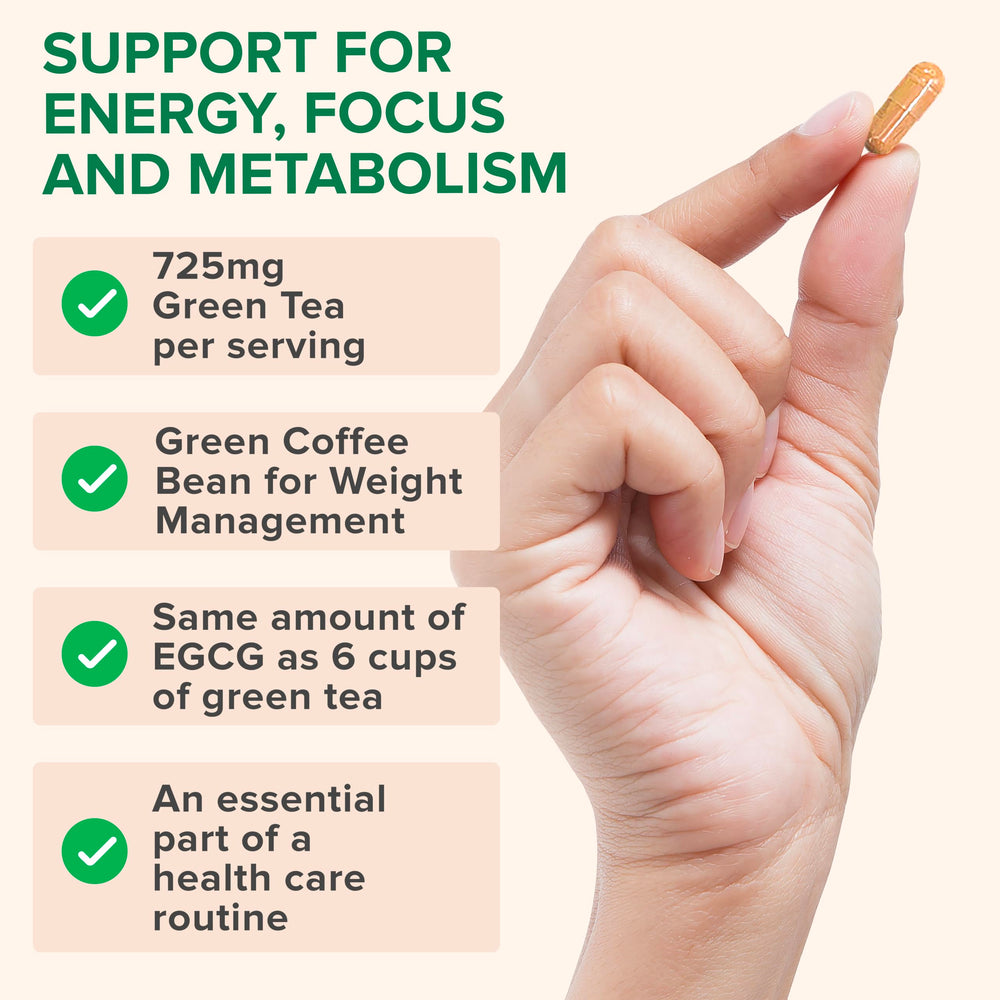 Zenwise Green Tea Extract capsule with vegan badge and quality assurance seal.