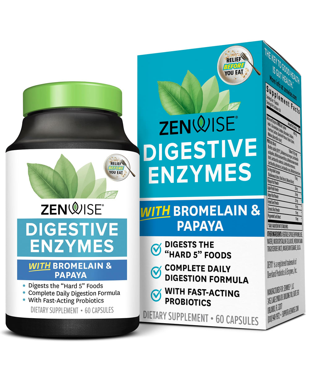 This Zenwise Health Digestive Enzymes bottle shows bromelain and papaya for gut comfort.