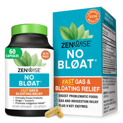 Zenwise Health No Bloat bottle with capsules for gas relief and gut comfort.