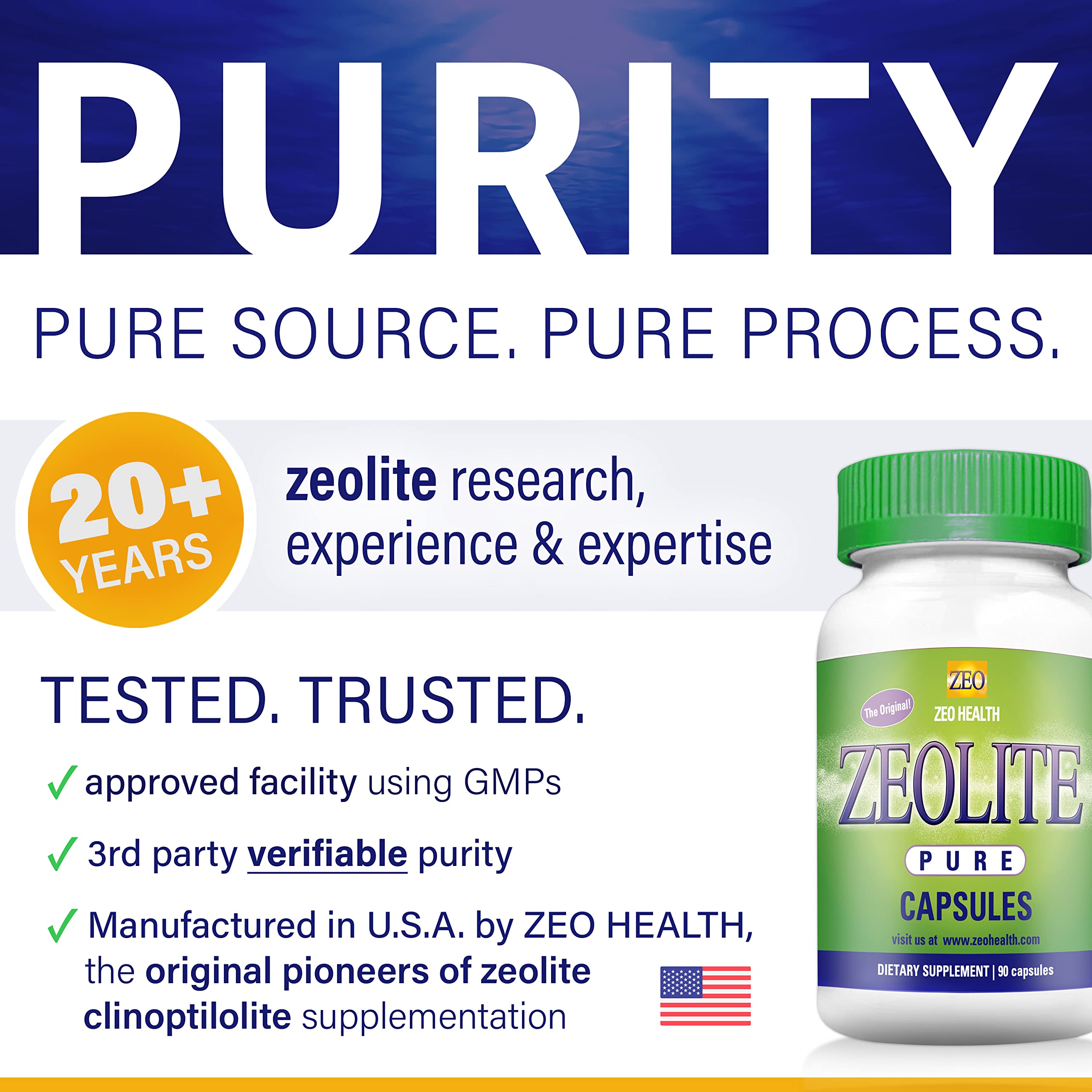 Close-up of Zeolite Pure capsules, 900 mg each for a potent, convenient detox option.