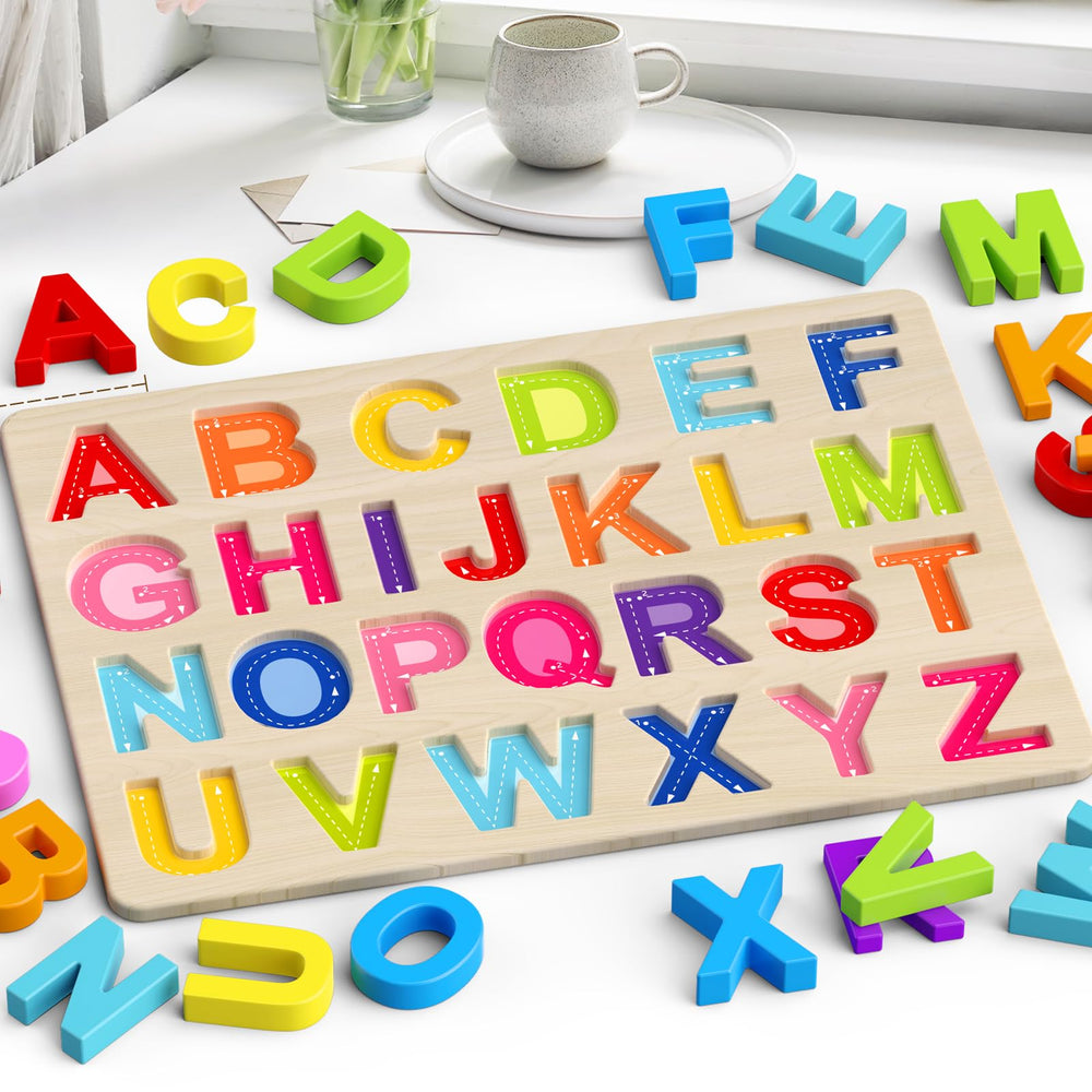 Zeoddler Alphabet Puzzles child playing to develop fine motor skills.