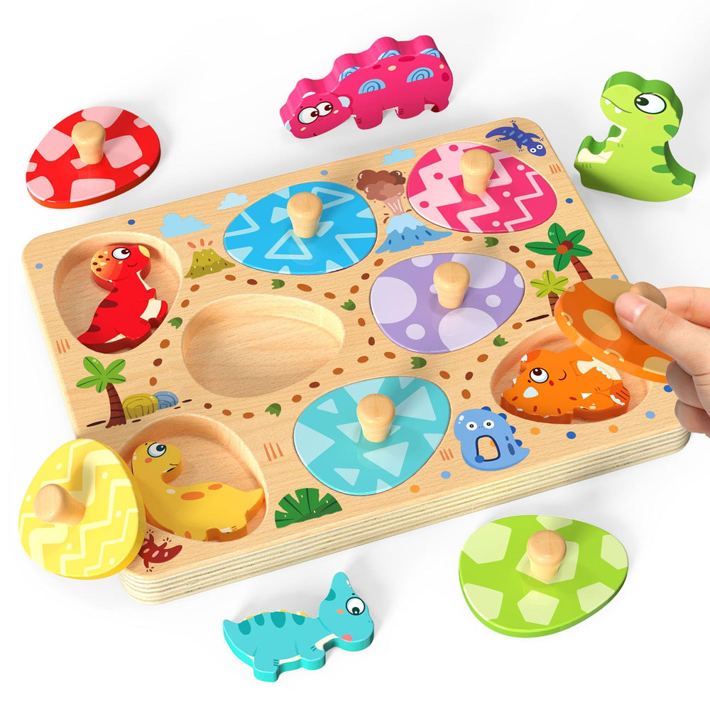 Zeoddler dinosaur egg puzzle front view enhances fine motor play with colorful dinosaurs