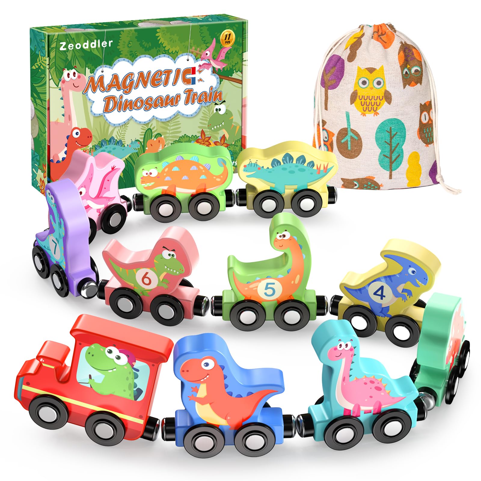 Zeoddler dinosaur train engine with magnetic links for easy toddler play and coordination