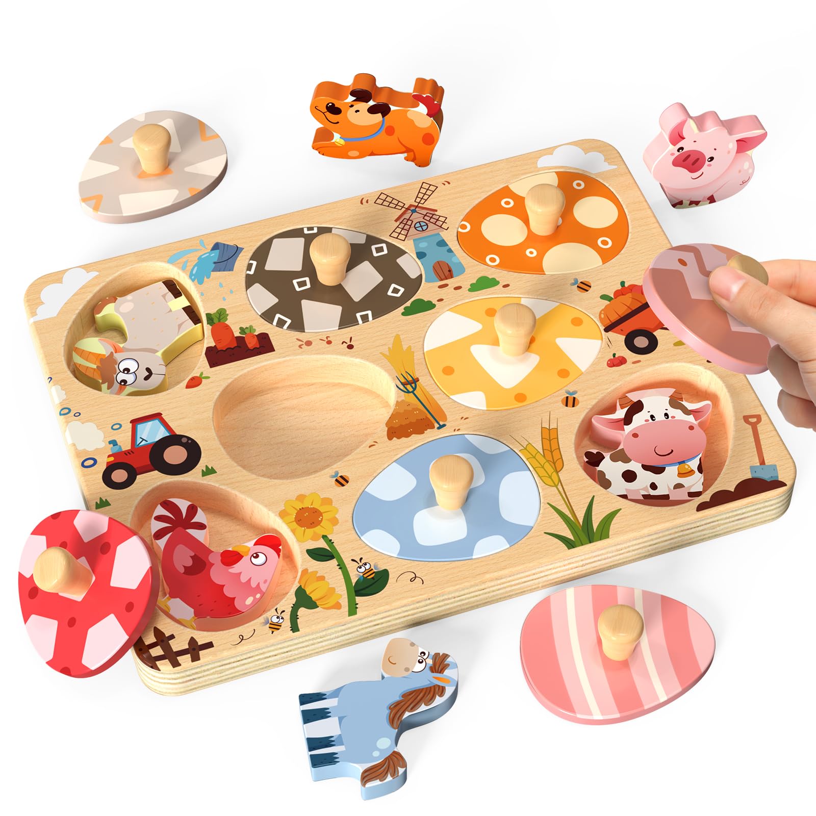 Zeoddler Easter wooden egg puzzle with farm animals to support fine motor skill development.