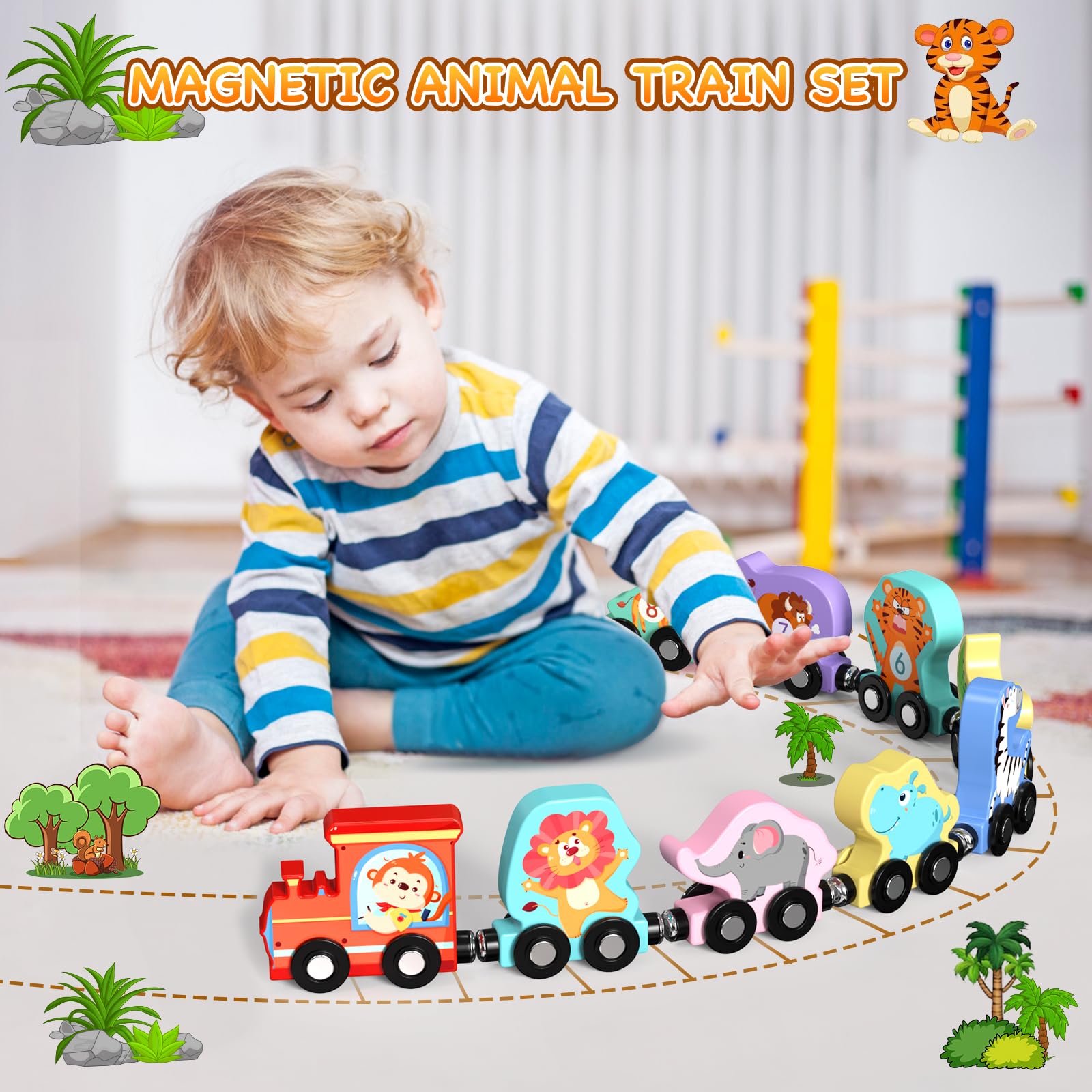 Zeoddler magnetic wooden train car elephant promotes color recognition through play.