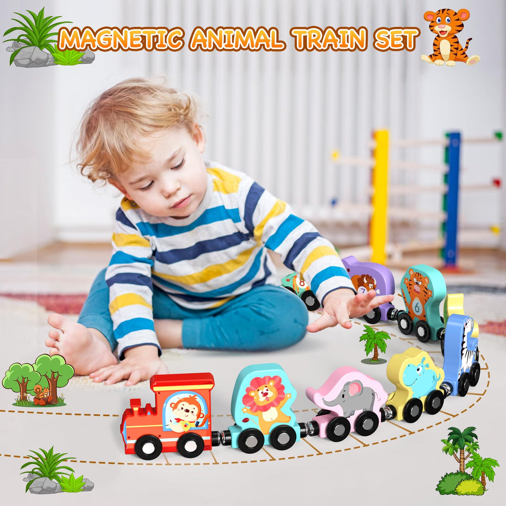 Zeoddler magnetic wooden train car elephant promotes color recognition through play.