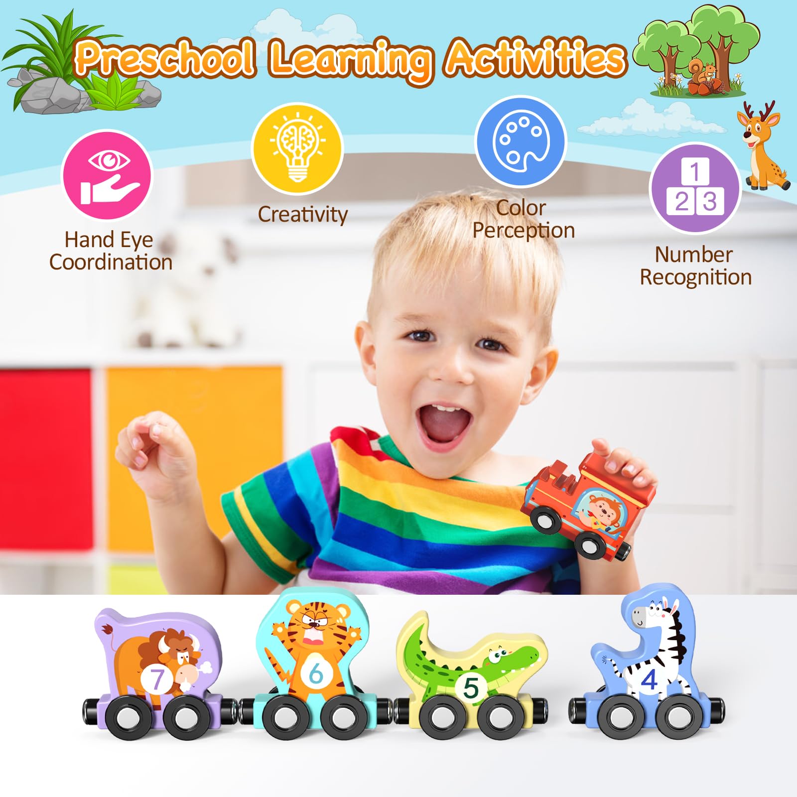 Zeoddler magnetic wooden train car tiger supports counting with number cues.