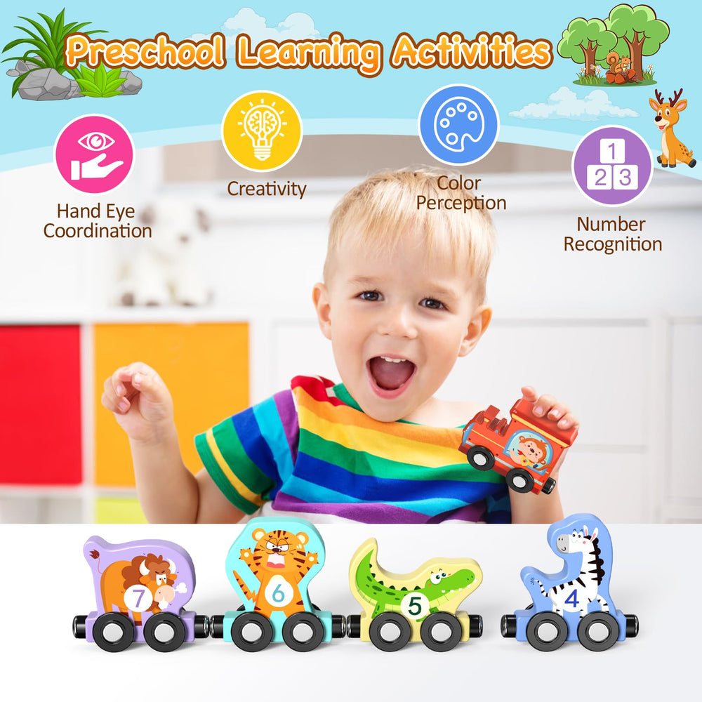 Zeoddler magnetic wooden train car tiger supports counting with number cues.