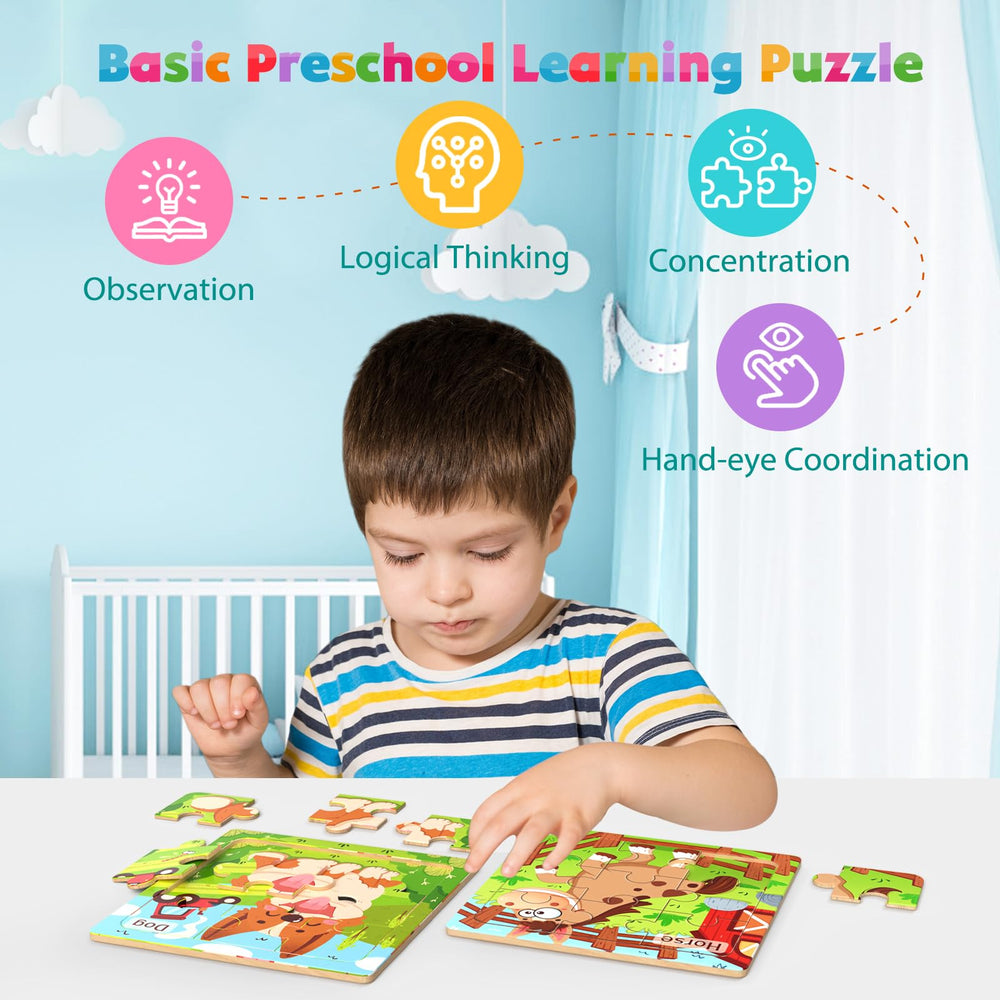Zeoddler Montessori-inspired toy; wooden farm puzzles spark curiosity and pattern recognition.