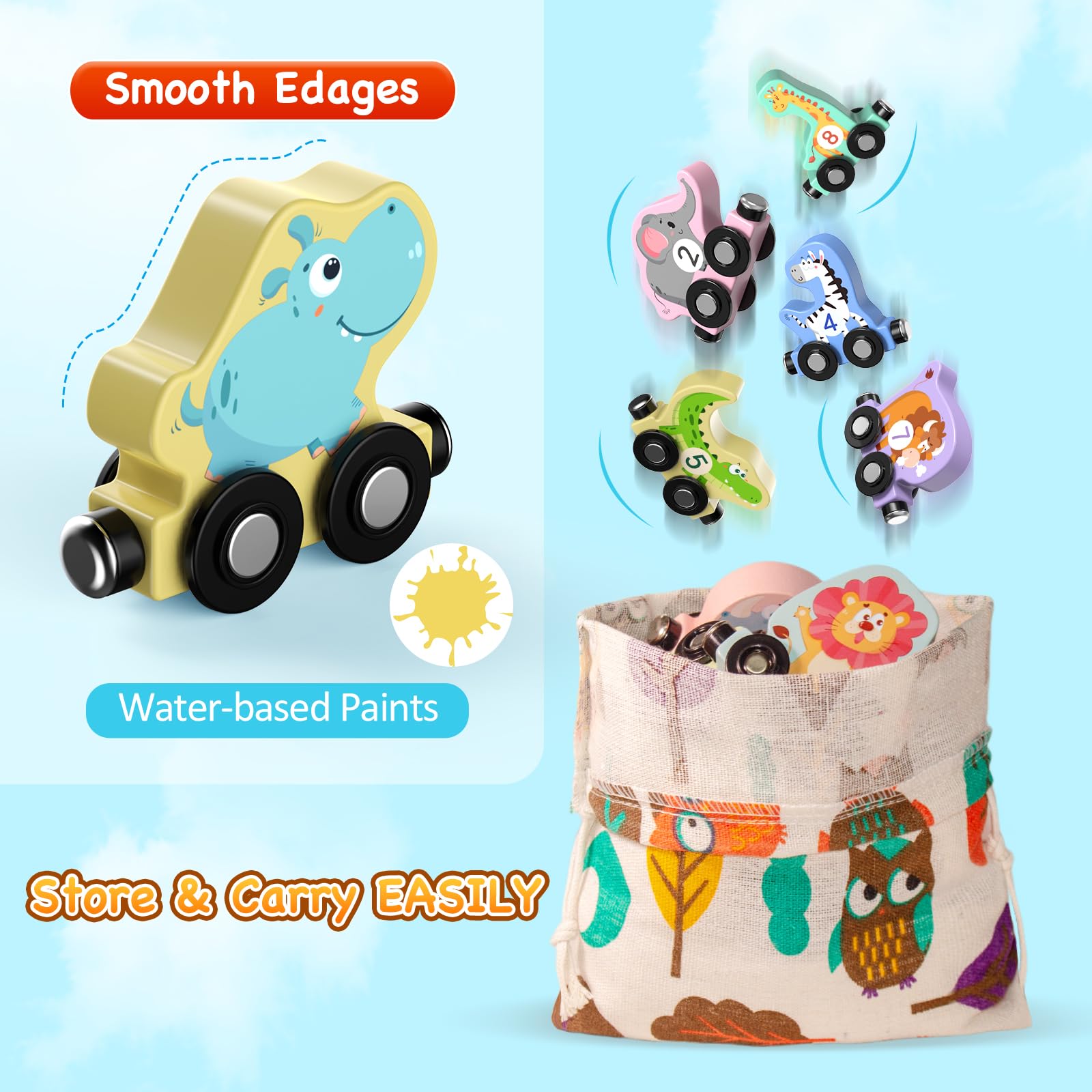 Zeoddler wooden train set storage bag keeps toys organized on trips.