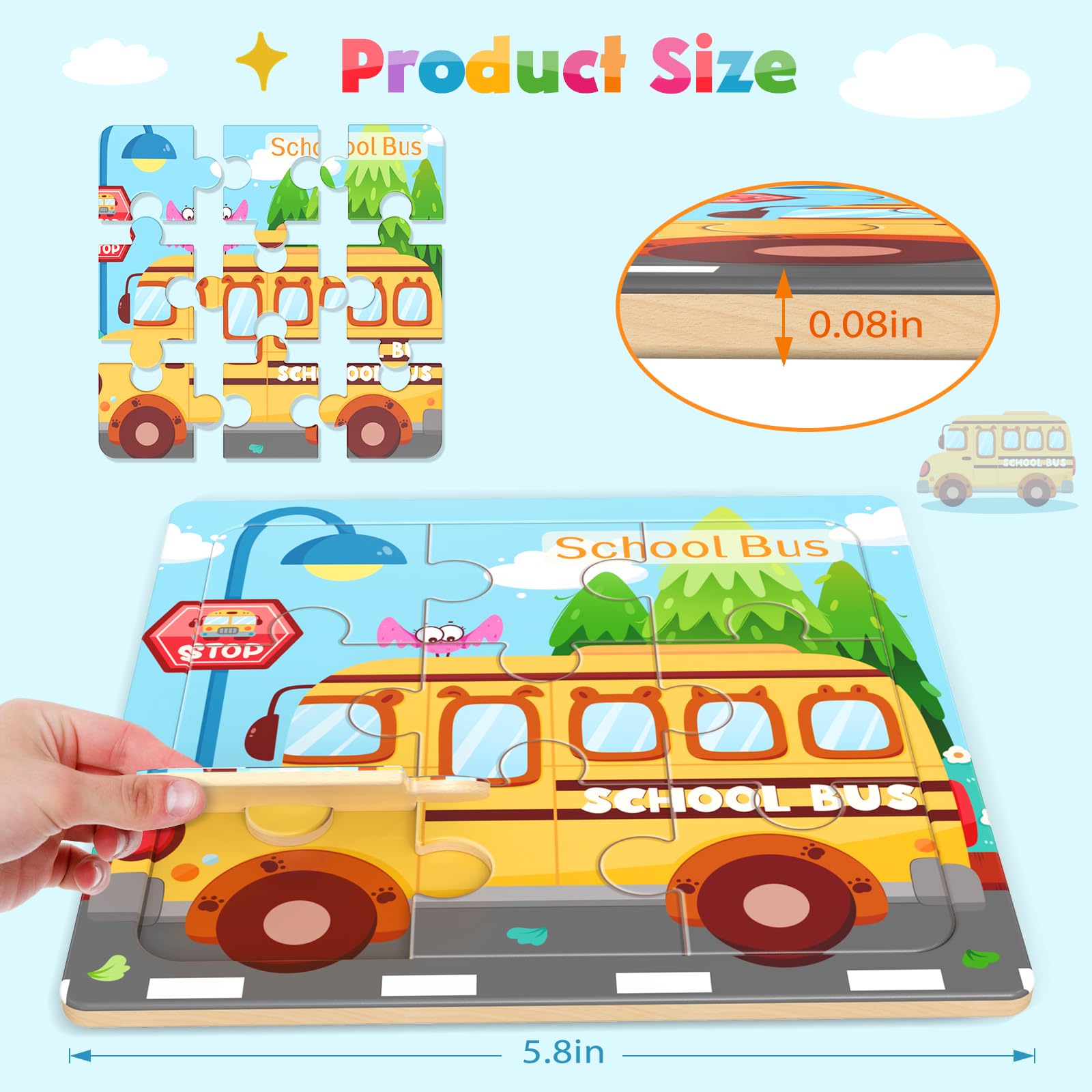Zeoddler wooden puzzle bus engages pattern matching and focus