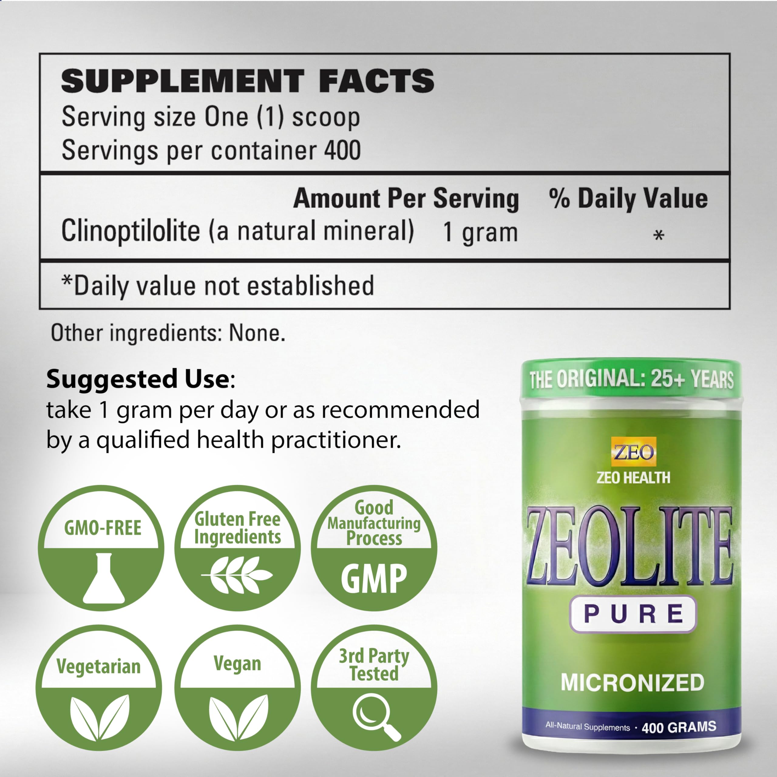 Zeo Health Zeolite Pure packaging closeup highlights easy daily use.