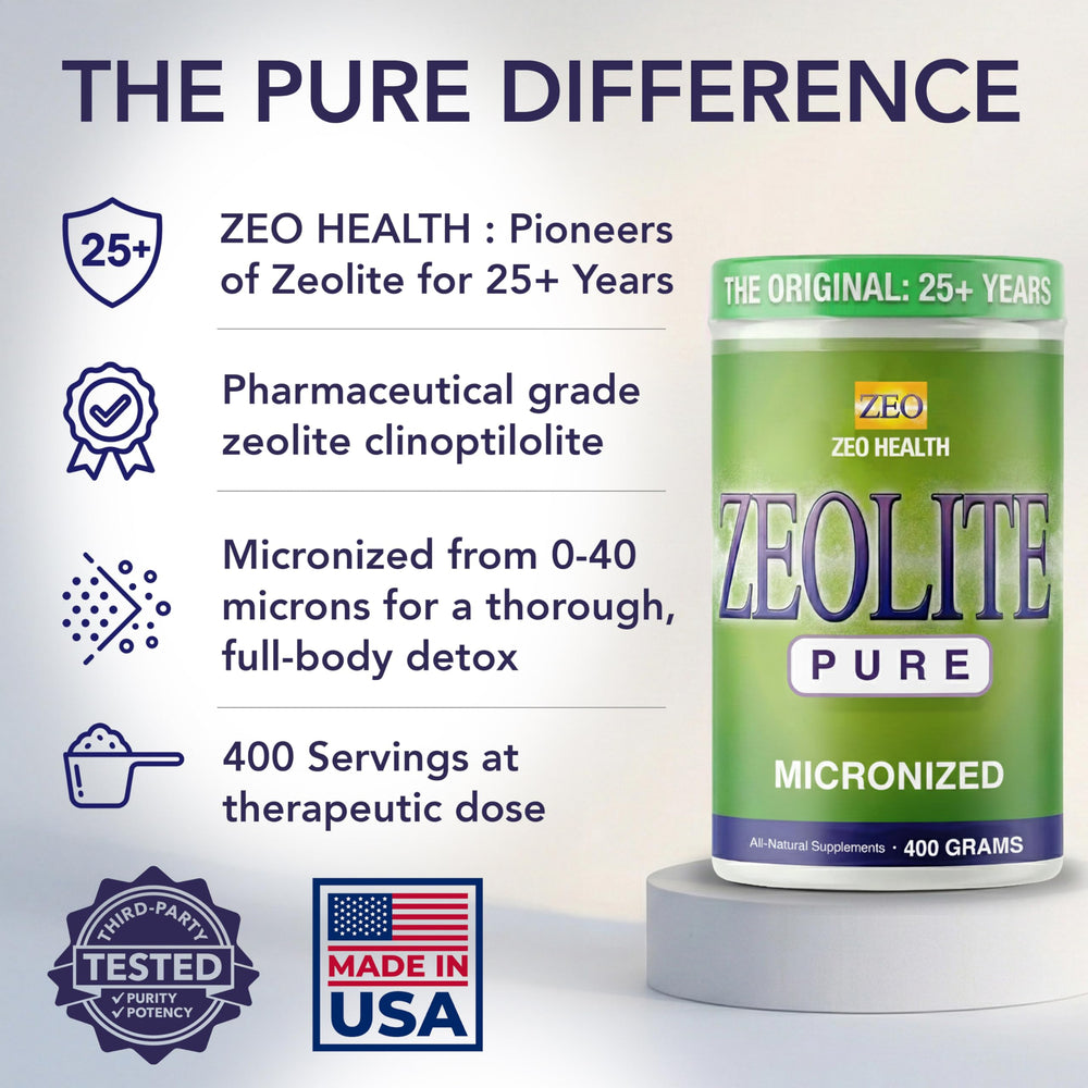 Zeo Health Zeolite Pure label closeup signals trusted, original formula.