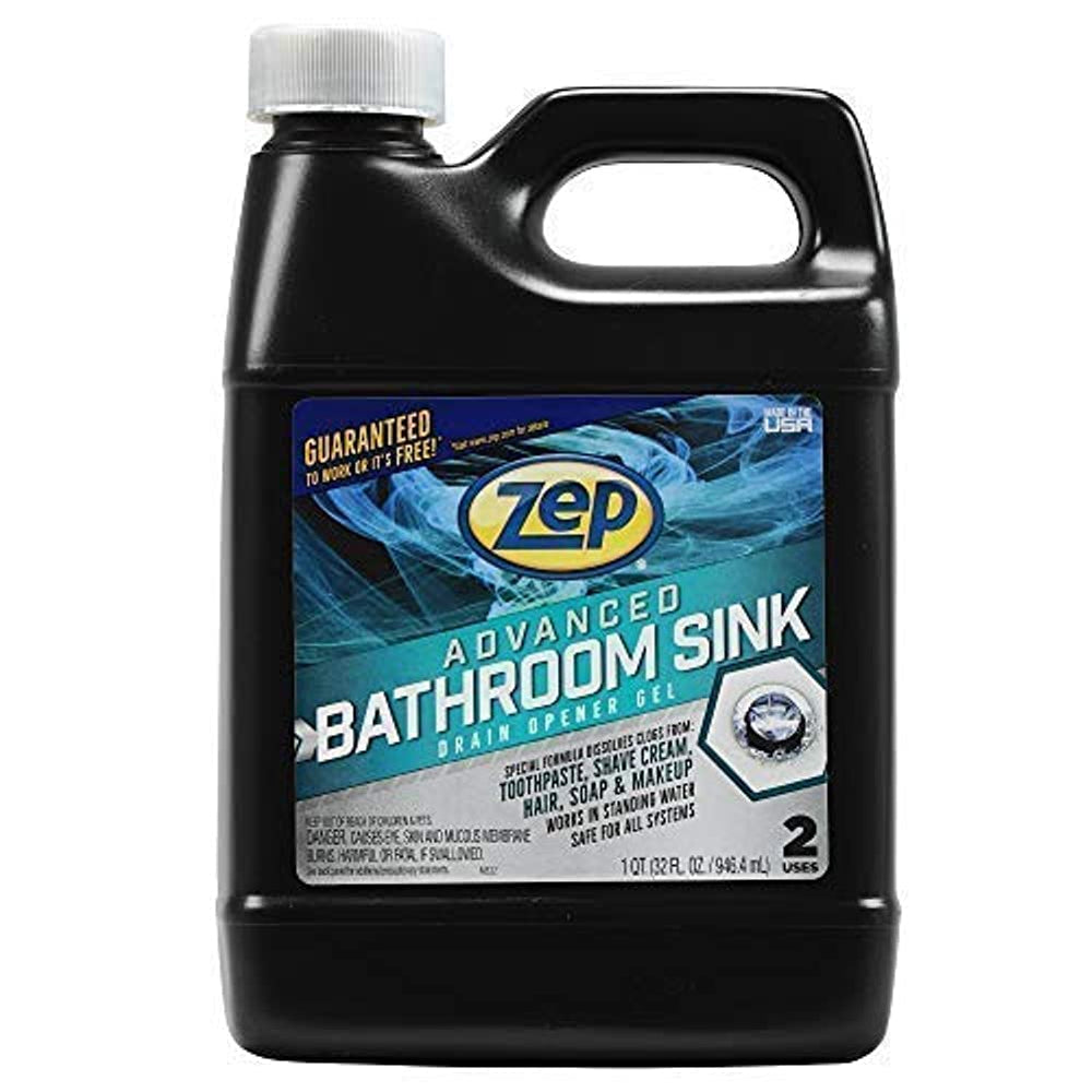 Zep Advanced Bathroom Sink Drain Opener Gel bottle ready to clear standing-water clogs.