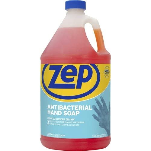 Zep Commercial antimicrobial hand soap bottle, one-gallon size, promotes comfortable, everyday hand cleansing.