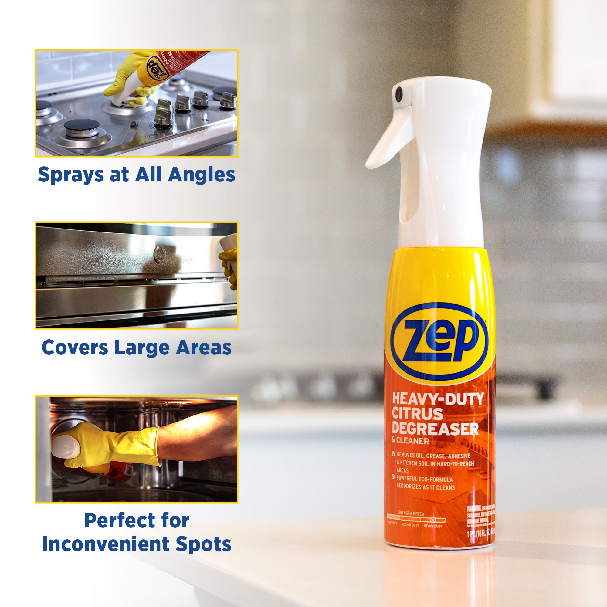 Zep Heavy Duty Citrus Degreaser cleans kitchen countertops and appliances with citrus freshness.