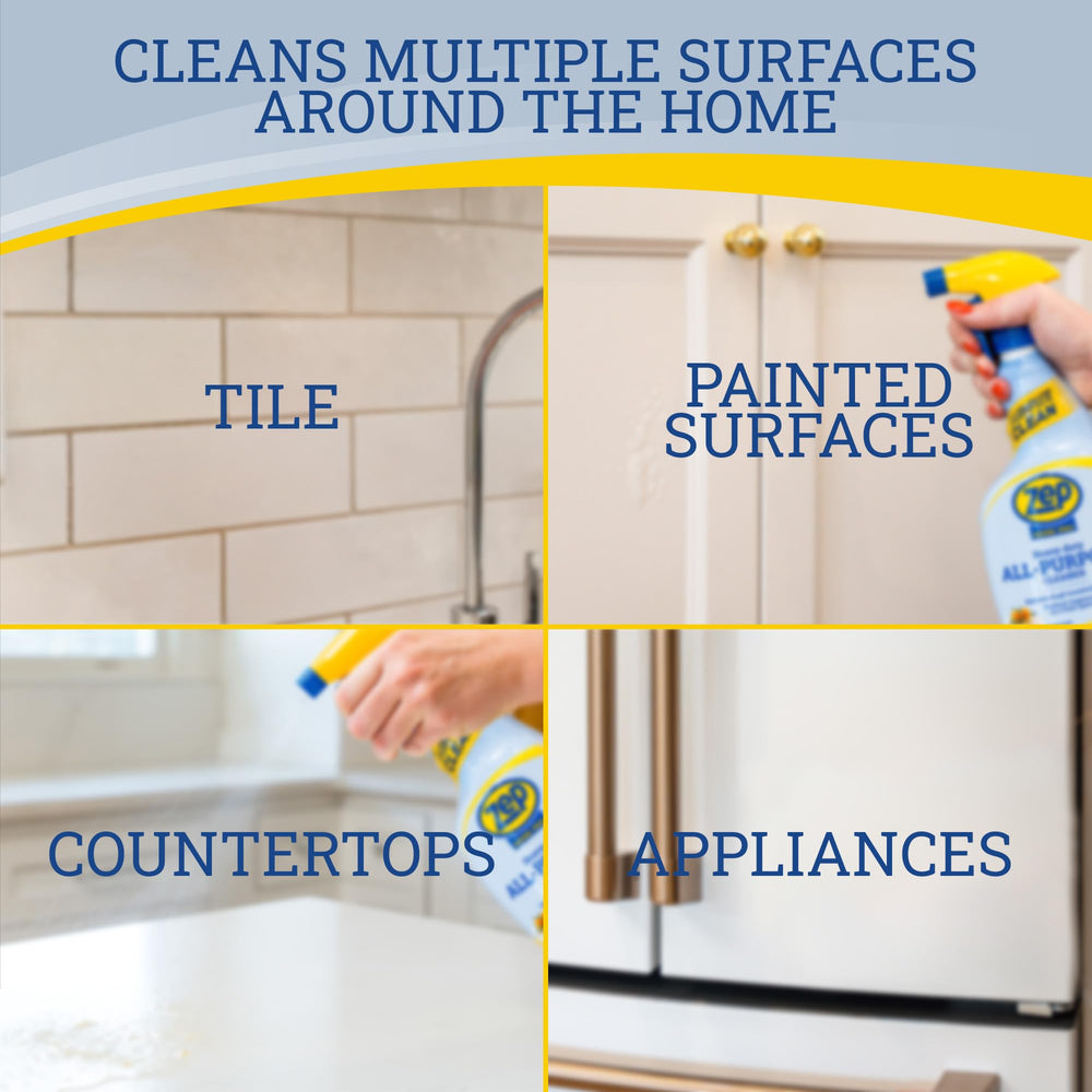 Zep Home Pro cleaner kitchen-counter focus shows daily spill cleanup on counters.
