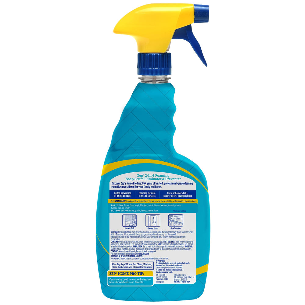 Zep Home Pro shower doors treated with foaming cleaner for streak-free results.
