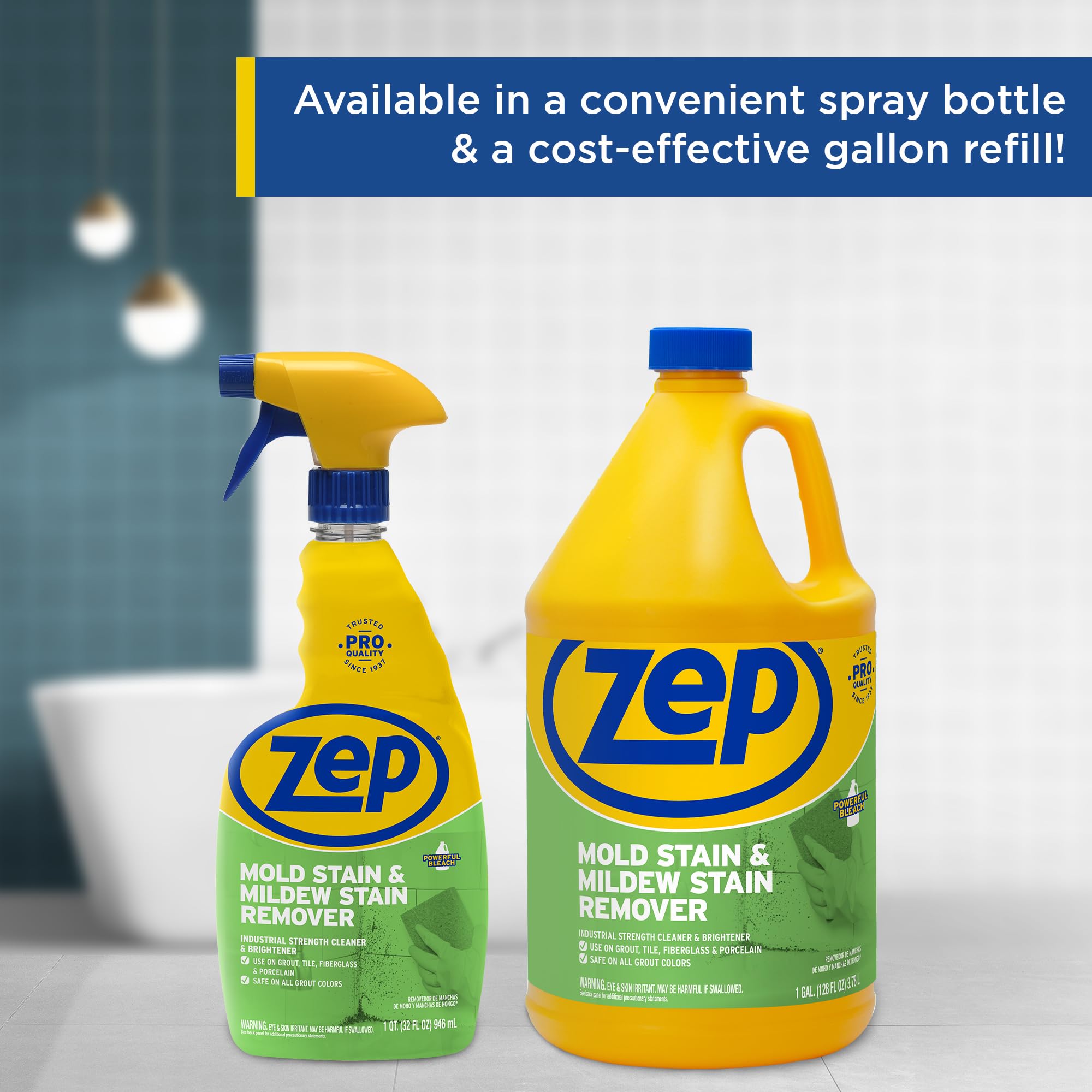 Bottles of Zep Mold Stain Remover on bathroom shelf for easy access