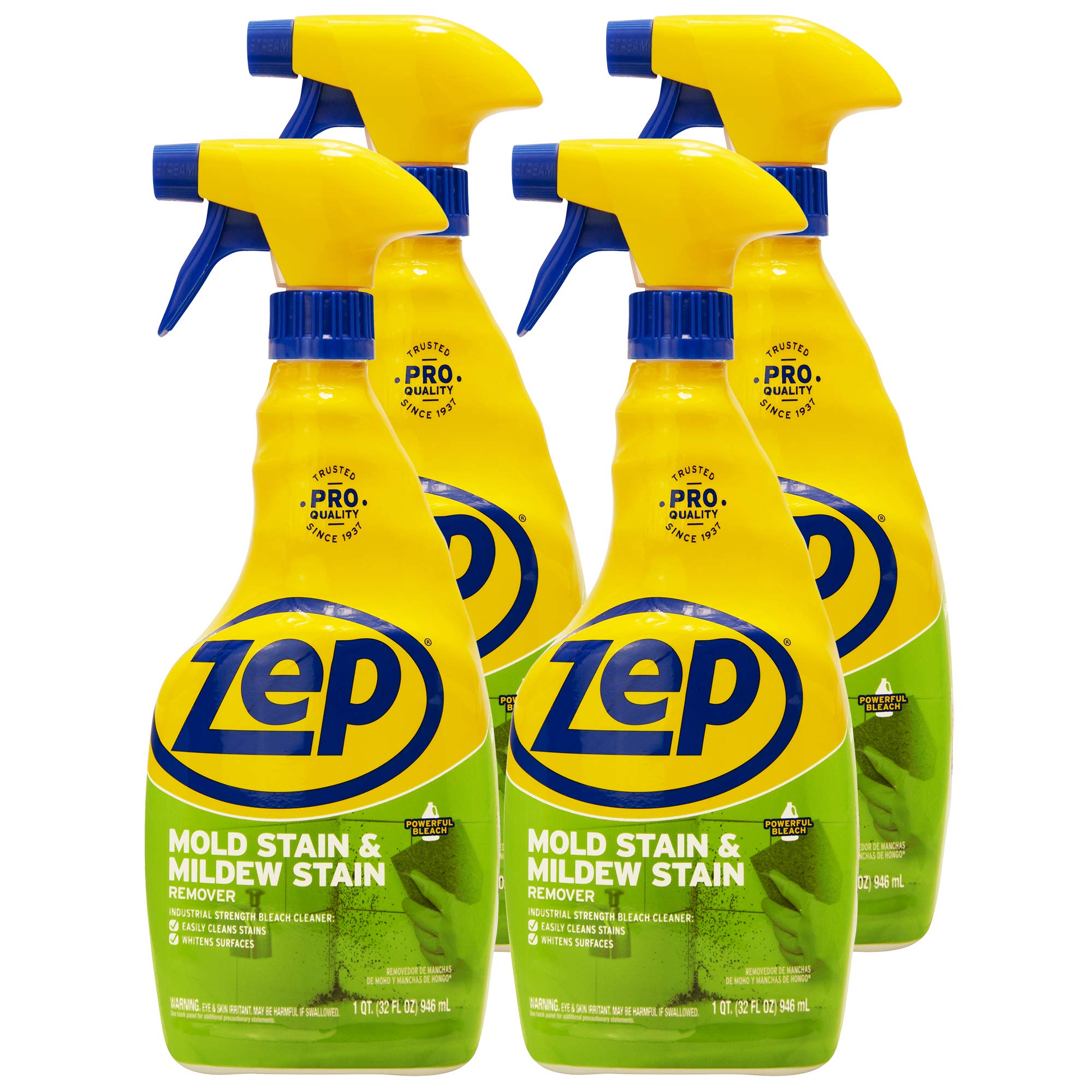 Zep Mold Stain Remover bottle pours to dissolve mold and mildew quickly