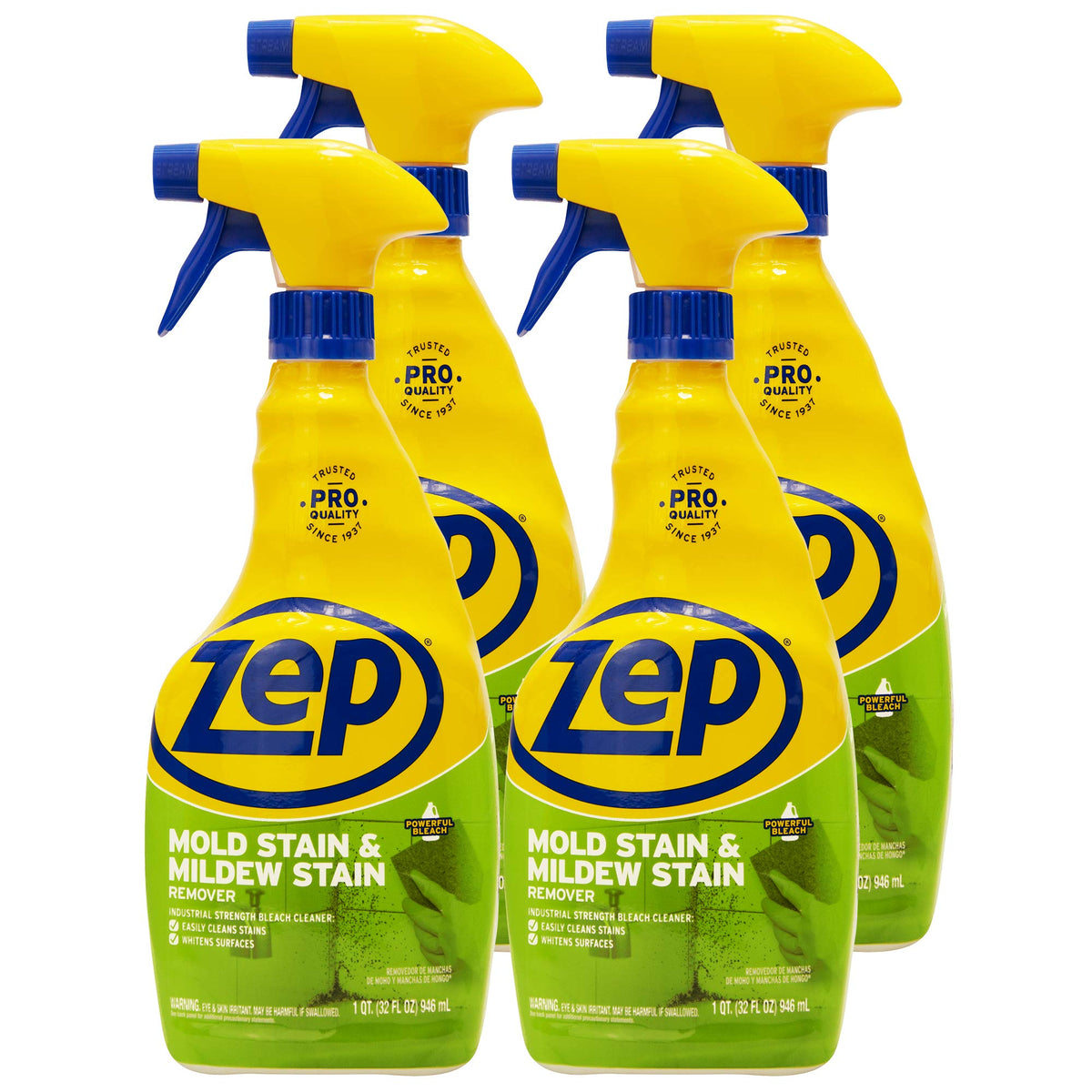 Zep Mold Stain Remover bottle pours to dissolve mold and mildew quickly