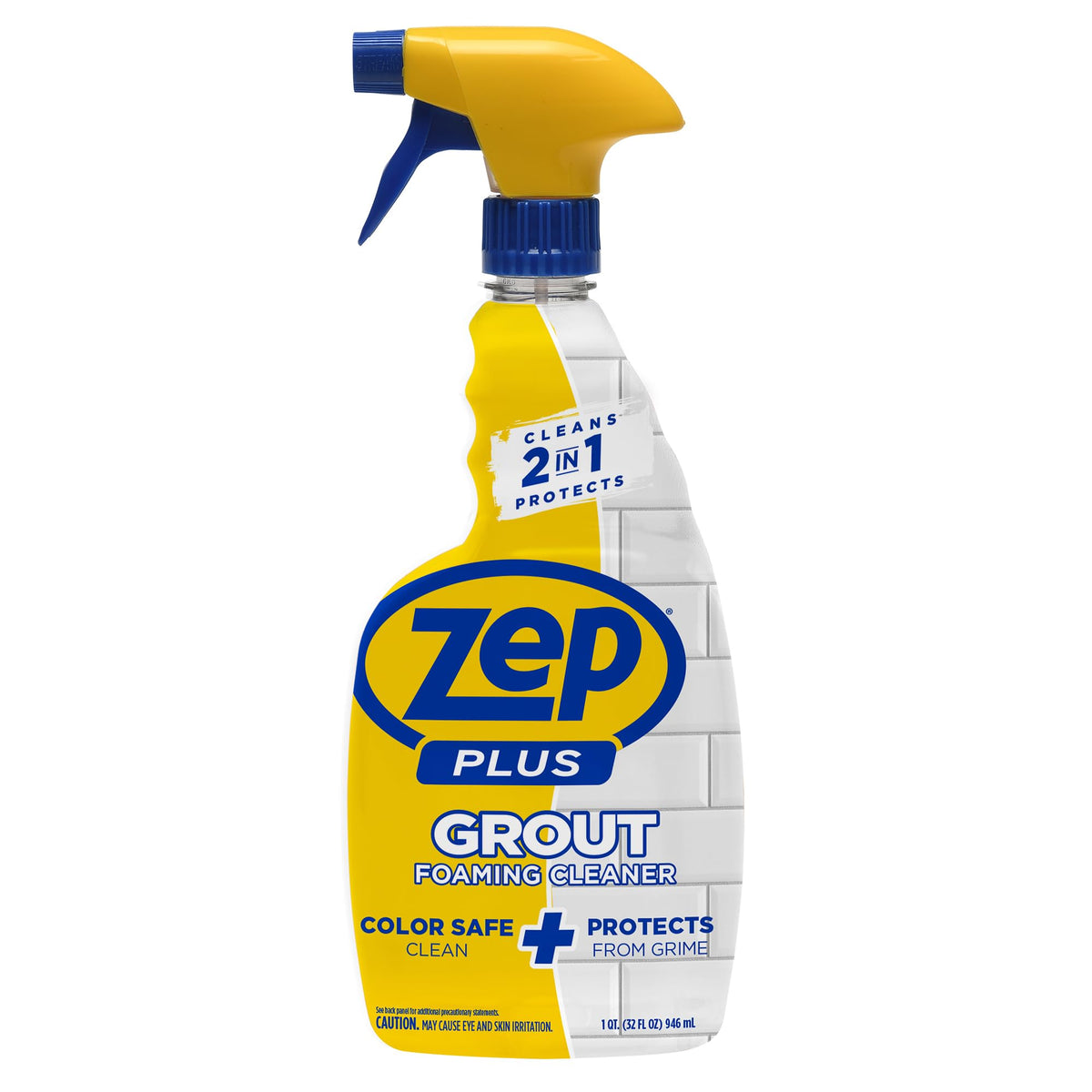 Zep Plus Grout Foaming Cleaner bottle front with 2-in-1 cleaning and protection