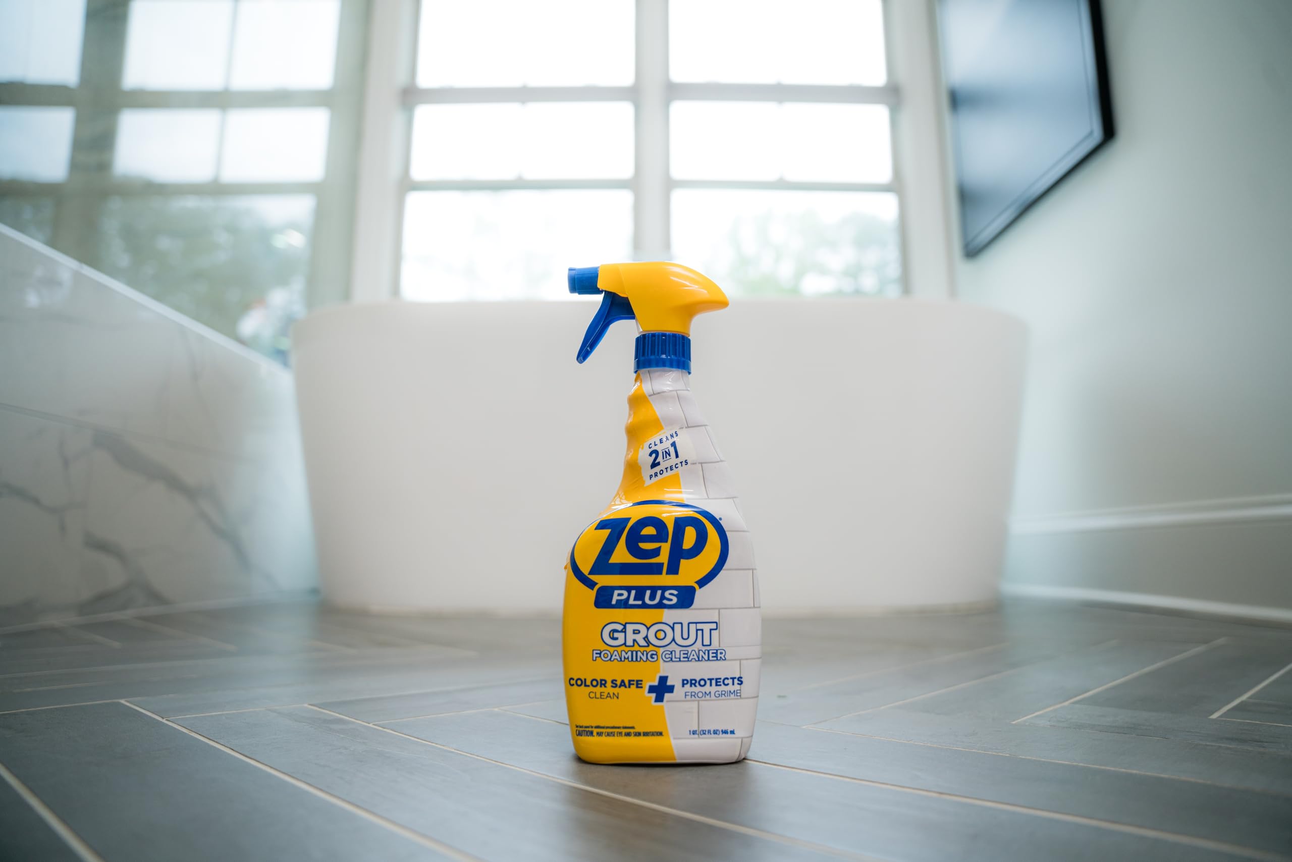 Zep Plus Grout Foaming Cleaner applied on grout to repel water and grime