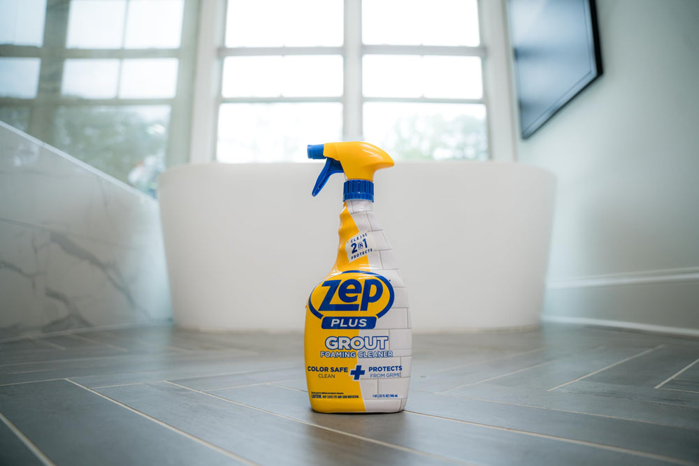 Zep Plus Grout Foaming Cleaner applied on grout to repel water and grime