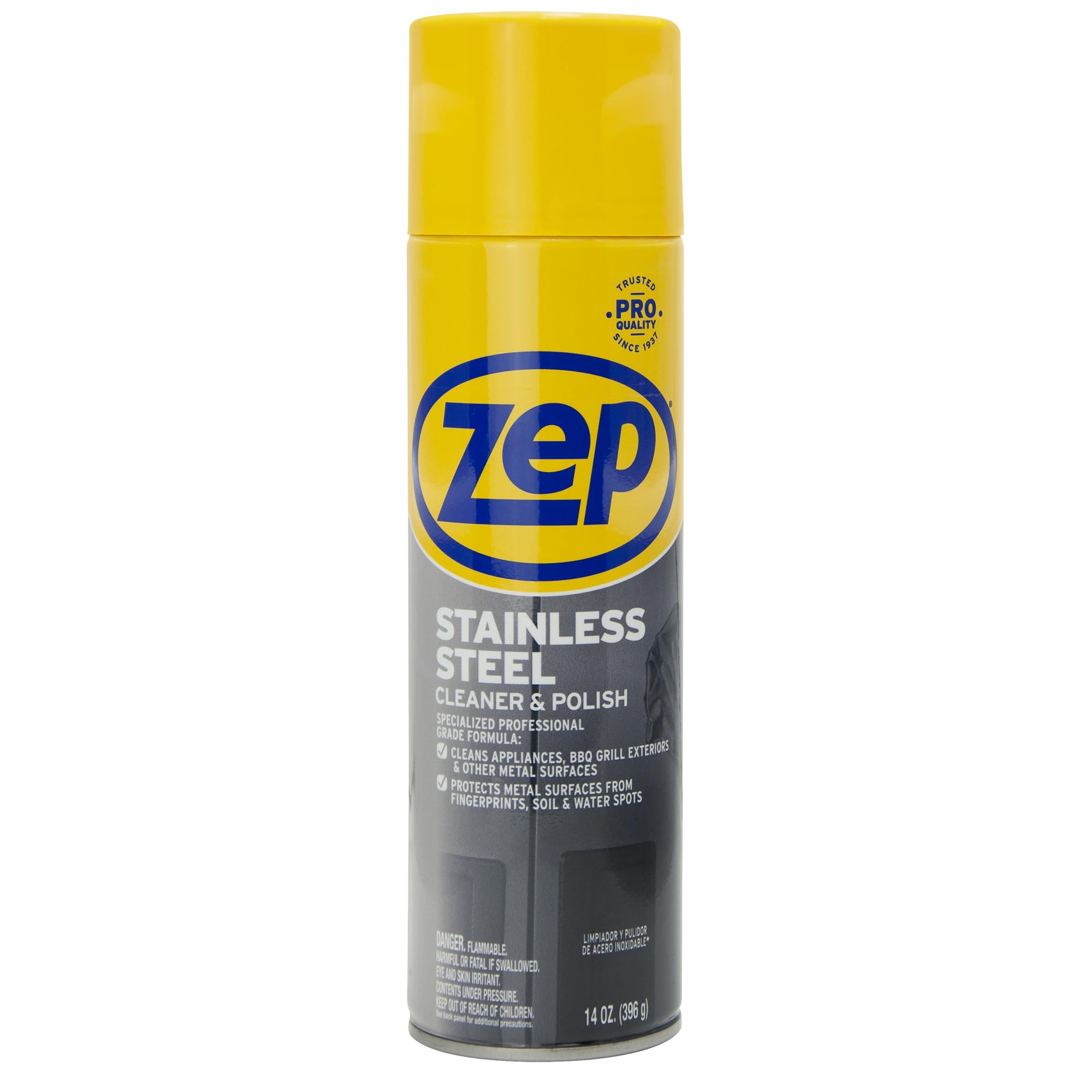 Zep stainless steel cleaner bottle for a streak-free shine on appliances.
