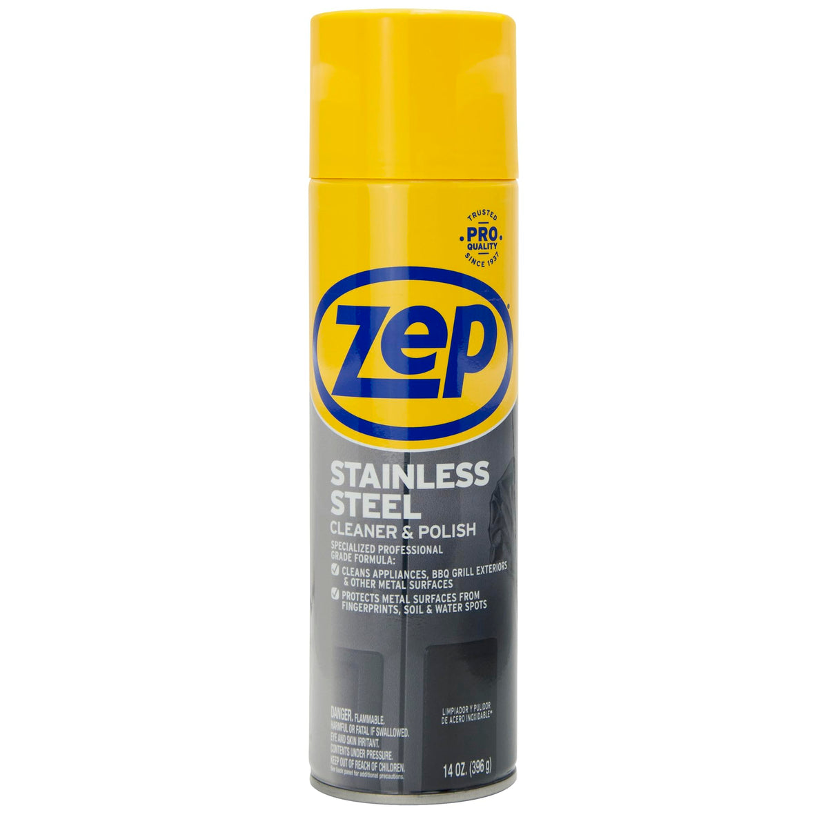 Zep stainless steel cleaner bottle for a streak-free shine on appliances.