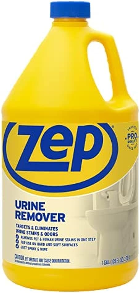Zep Urine Remover label closeup highlights clear packaging and professional-strength formula for various surfaces.
