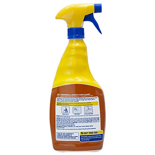 Zep ZUHLF32 cleaner on a wooden floor showing application.