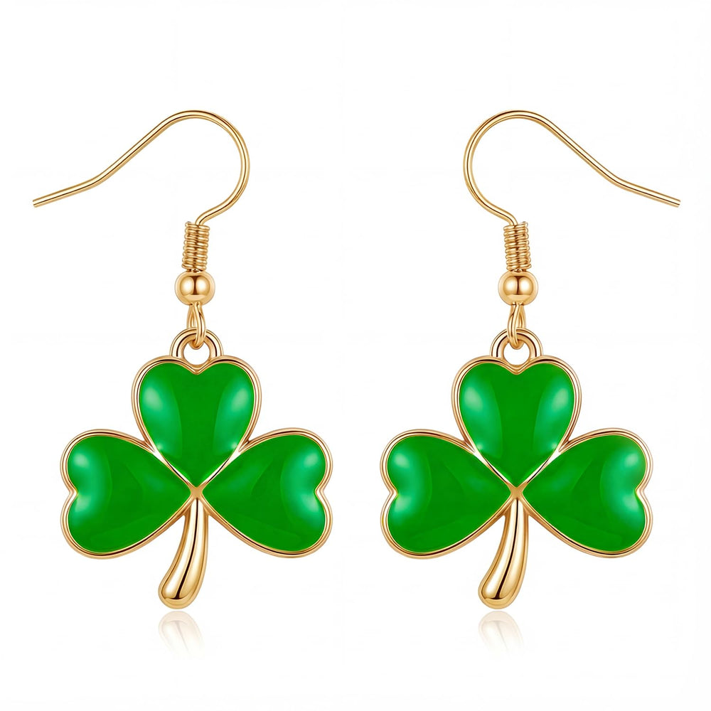 Zeptrix shamrock gold earrings add festive sparkle to Saint Patrick's Day outfits.