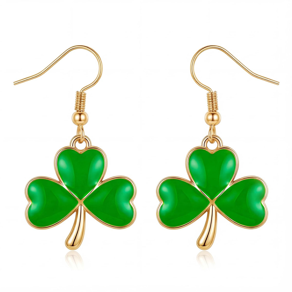 Zeptrix shamrock gold earrings add festive sparkle to Saint Patrick's Day outfits.