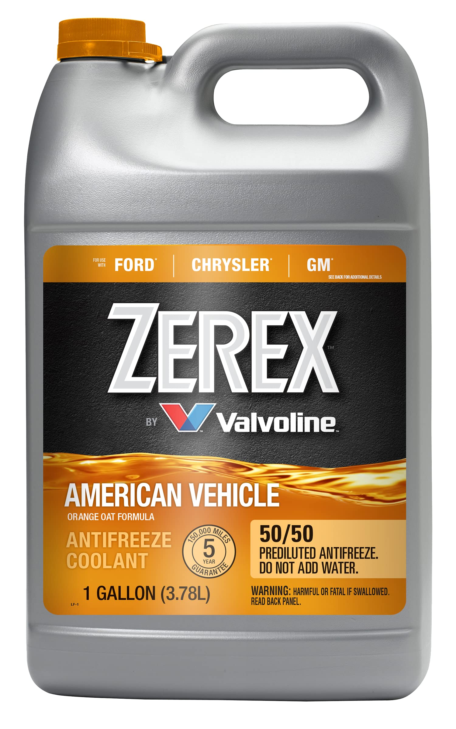 Zerex American Vehicle antifreeze bottle pour shows ready-to-use 50/50 mix for quick top-offs.