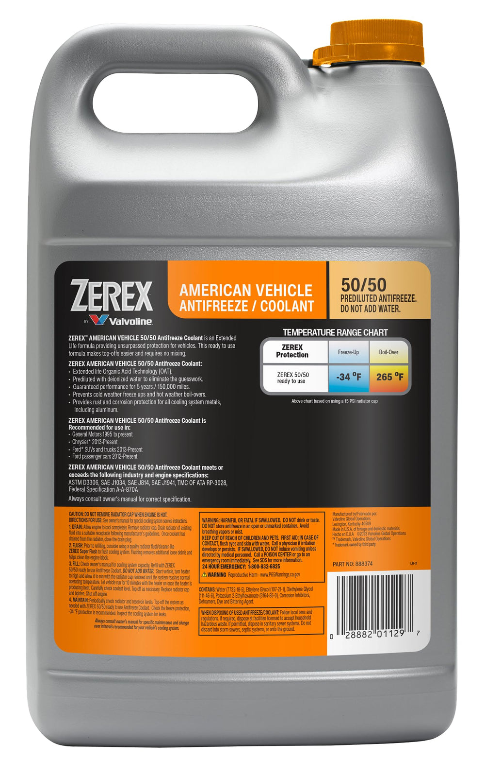 Zerex American Vehicle pre-mixed 50-50 coolant pouring into a radiator cap.