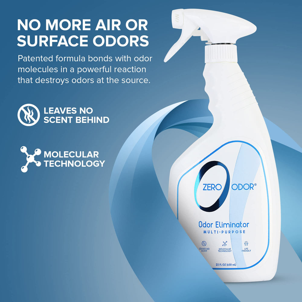 Bottle label of Zero Odor highlighting safe, fragrance-free odor elimination.
