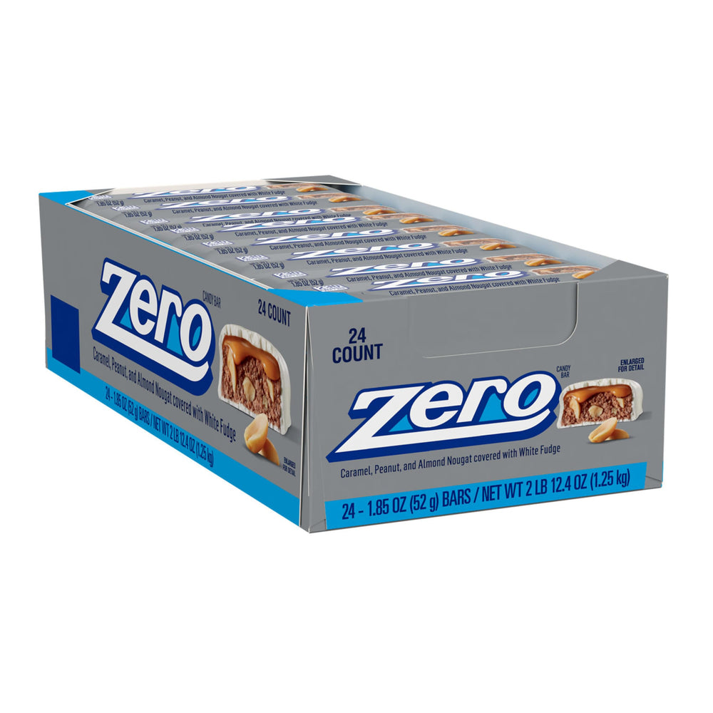 Close-up of peanuts and almonds in ZERO nougat for a crunchy, creamy bite.