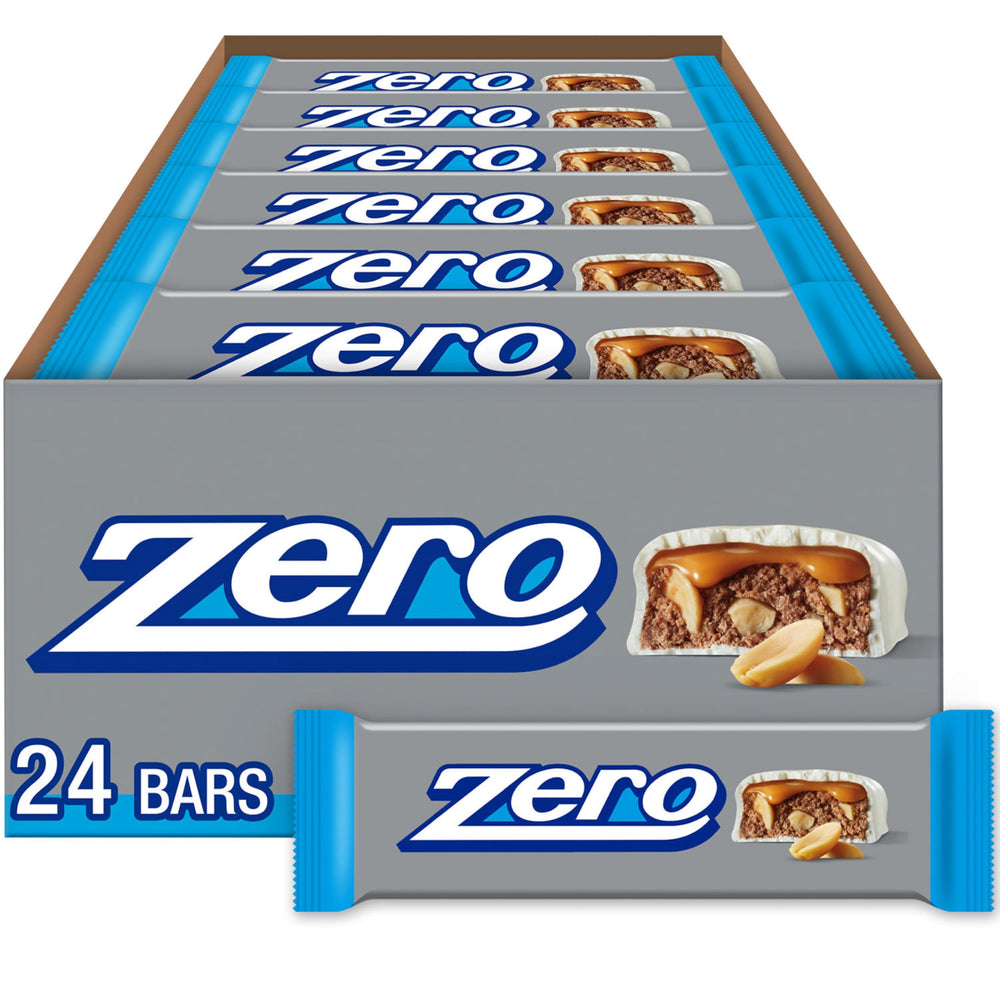 ZERO White Fudge Caramel Peanut Almond Nougat Bars bulk pack on a shelf for easy stocking.