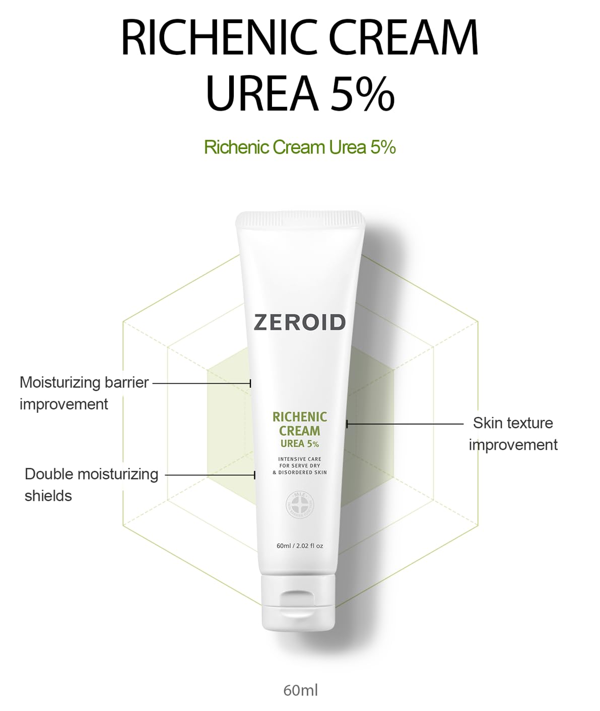 ZEROID Richenic Cream 5 percent urea jar showing rich texture for dry skin