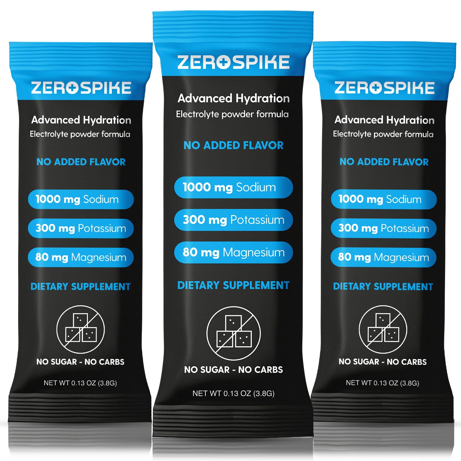 Zerospike No Sugar Electrolytes packet closeup highlighting sugar-free hydration for keto