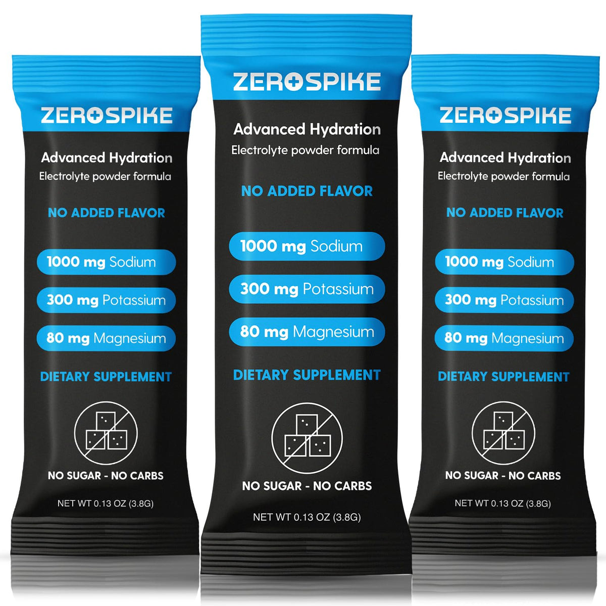 Zerospike No Sugar Electrolytes packet closeup highlighting sugar-free hydration for keto