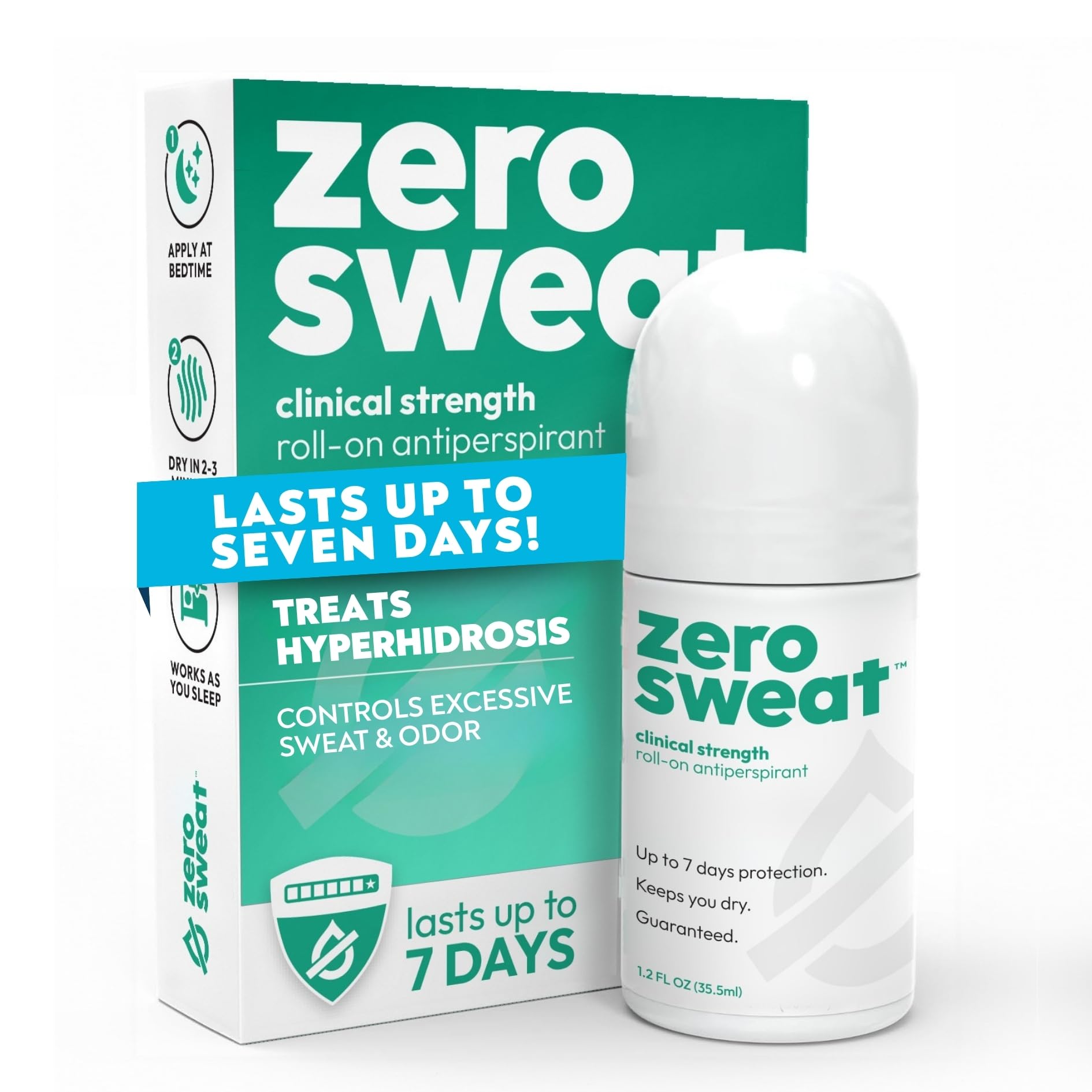 ZeroSweat bottle front view showing clinical-strength protection for all-day dryness.