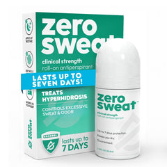 ZeroSweat bottle front view showing clinical-strength protection for all-day dryness.
